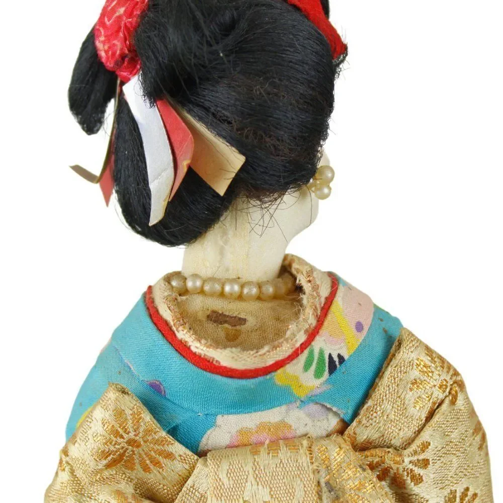 Vintage Japanese Geisha Doll Figurine in Traditional Turquoise Silk Crepe Kimono
